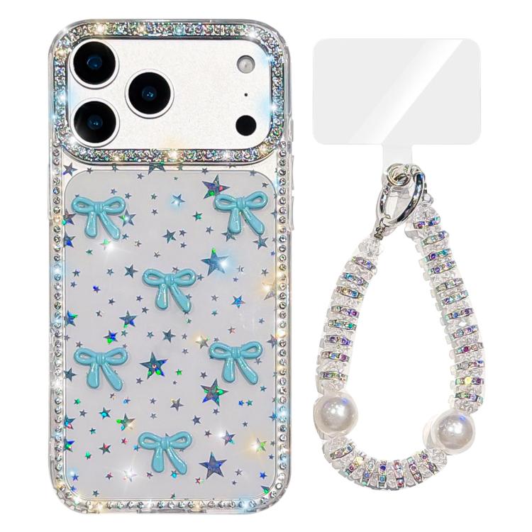For iPhone 17 Pro Max Sparkling IMD Colorful Bow Phone Case with Bracelet(Star Transparent)