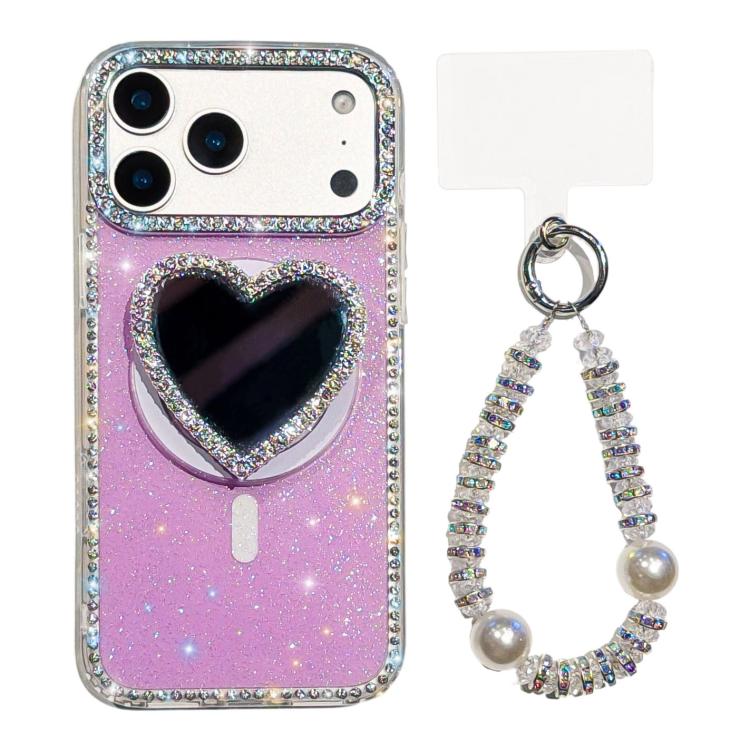 For iPhone 17 Pro Max Sparkling IMD Heart-Shaped Mirror Magnetic Phone Case with Bracelet(Glitter Light Purple)