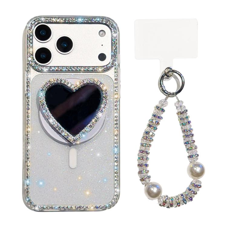 For iPhone 17 Pro Max Sparkling IMD Heart-Shaped Mirror Magnetic Phone Case with Bracelet(Glitter Transparent)
