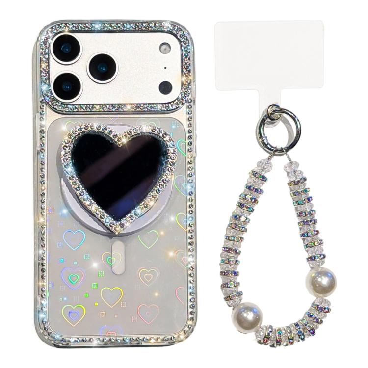 For iPhone 17 Pro Max Sparkling IMD Heart-Shaped Mirror Magnetic Phone Case with Bracelet(Love Transparent)