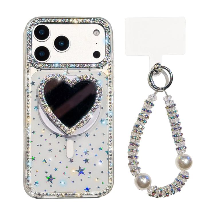 For iPhone 17 Pro Max Sparkling IMD Heart-Shaped Mirror Magnetic Phone Case with Bracelet(Star Transparent)