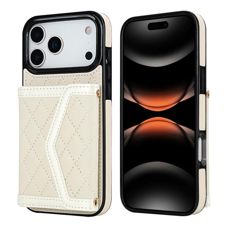For iPhone 17 Pro Max Splicing Rhombic Texture Card Bag Phone Case with Long Lanyard(Beige)