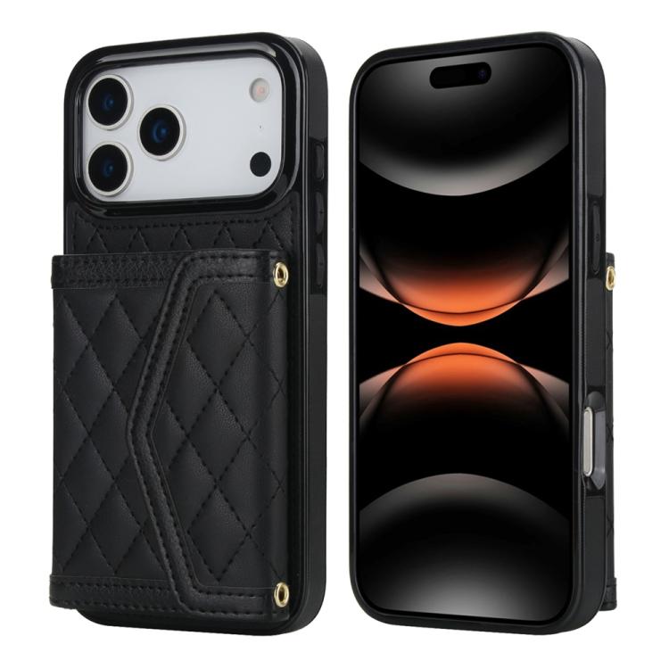 For iPhone 17 Pro Max Splicing Rhombic Texture Card Bag Phone Case with Long Lanyard(Black)