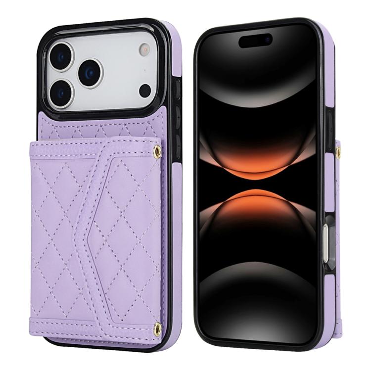 For iPhone 17 Pro Max Splicing Rhombic Texture Card Bag Phone Case with Long Lanyard(Purple)