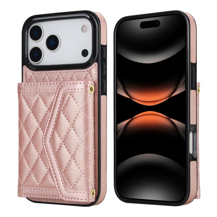 For iPhone 17 Pro Max Splicing Rhombic Texture Card Bag Phone Case with Long Lanyard(Rose Gold)