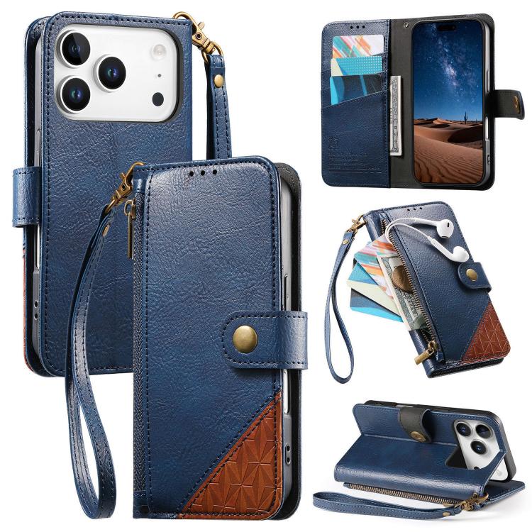 For iPhone 17 Pro Max Splicing Zipper Wallet Vegan Leather Phone Case with Strap(Blue)