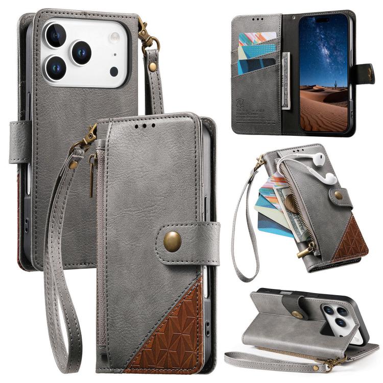 For iPhone 17 Pro Max Splicing Zipper Wallet Vegan Leather Phone Case with Strap(Gray)