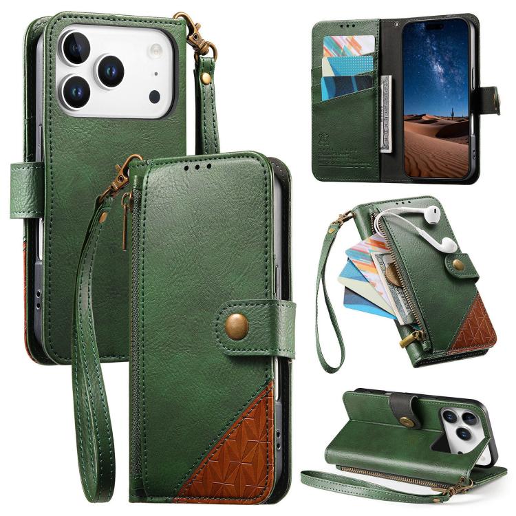For iPhone 17 Pro Max Splicing Zipper Wallet Vegan Leather Phone Case with Strap(Green)