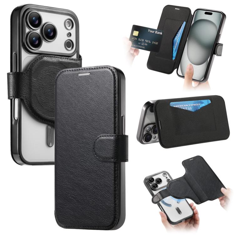 For iPhone 17 Pro Max Splitable Electroplated MagSafe RFID Anti-theft Leather Phone Case with Lens Film(Black)