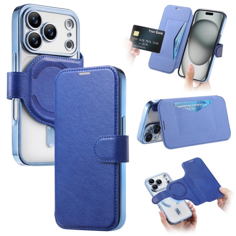 For iPhone 17 Pro Max Splitable Electroplated MagSafe RFID Anti-theft Leather Phone Case with Lens Film(Blue)