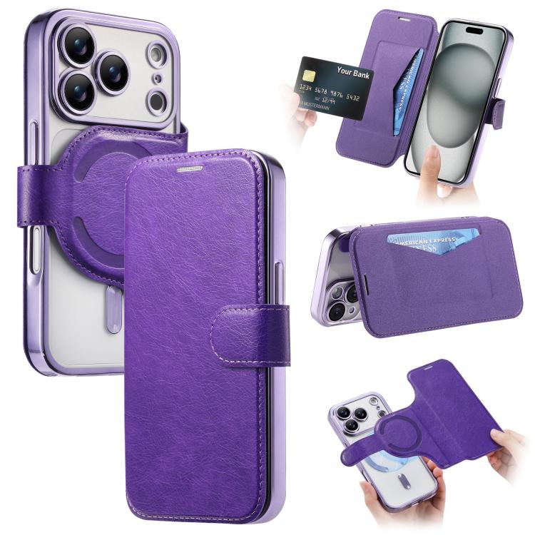 For iPhone 17 Pro Max Splitable Electroplated MagSafe RFID Anti-theft Leather Phone Case with Lens Film(Purple)