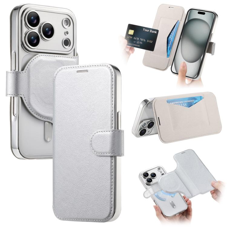 For iPhone 17 Pro Max Splitable Electroplated MagSafe RFID Anti-theft Leather Phone Case with Lens Film(Silver)