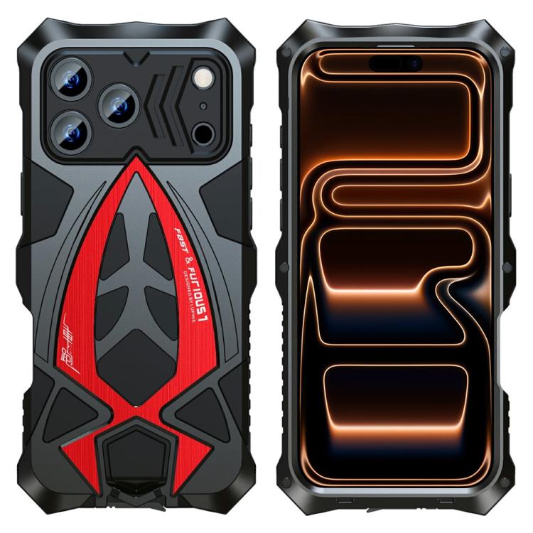 For iPhone 17 Pro Max Sports Car Metal Silicone Shockproof Phone Case with Film(Black Red)
