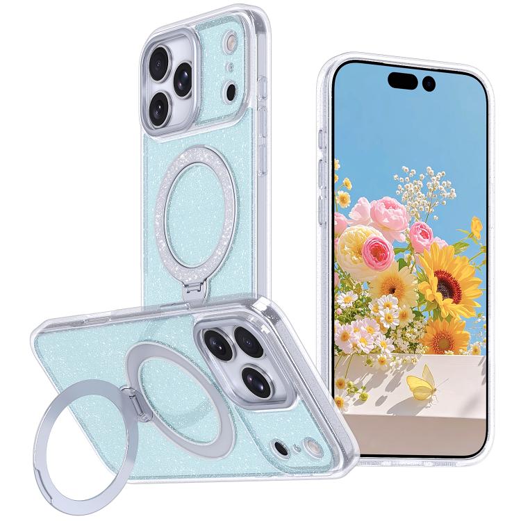 For iPhone 17 Pro Max Starry Glitter Magnetic Holder Phone Case(Cyan)