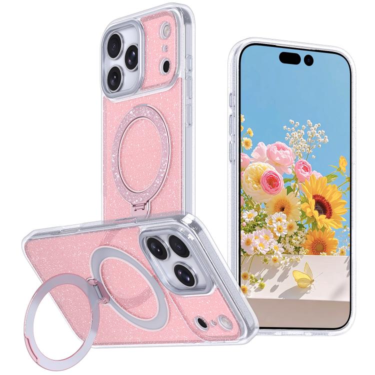 For iPhone 17 Pro Max Starry Glitter Magnetic Holder Phone Case(Pink)