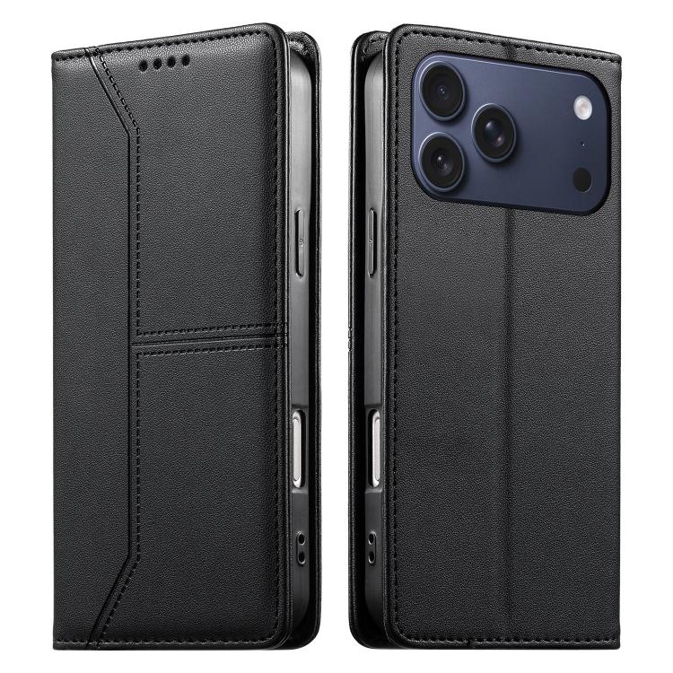 For iPhone 17 Pro Max Stitched Line Magnetic RFID Vegan Leather Phone Case(Black)