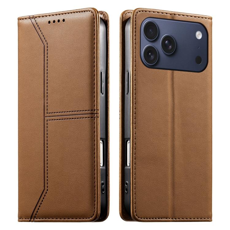 For iPhone 17 Pro Max Stitched Line Magnetic RFID Vegan Leather Phone Case(Brown)