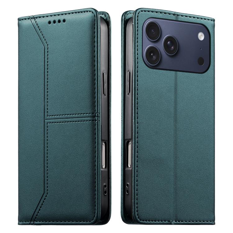 For iPhone 17 Pro Max Stitched Line Magnetic RFID Vegan Leather Phone Case(Green)