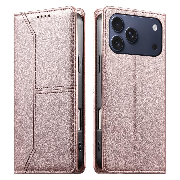 For iPhone 17 Pro Max Stitched Line Magnetic RFID Vegan Leather Phone Case(Pink)