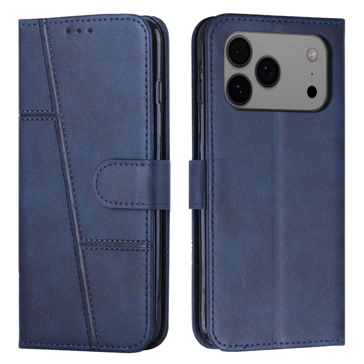 For iPhone 17 Pro Max Stitching Calf Texture Buckle Leather Phone Case(Blue)