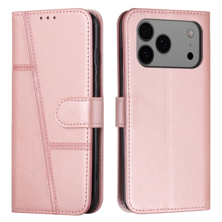For iPhone 17 Pro Max Stitching Calf Texture Buckle Leather Phone Case(Rose Gold)