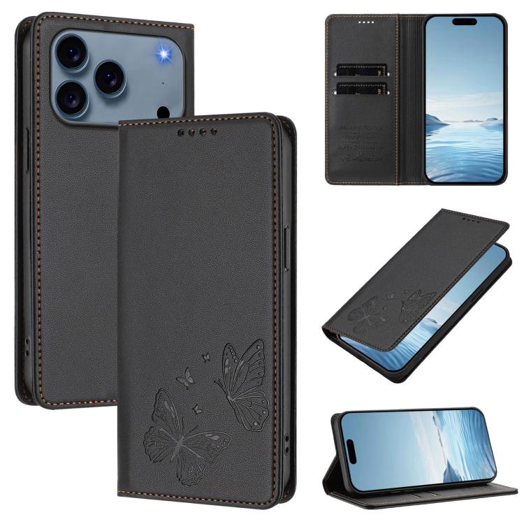 For iPhone 17 Pro Max Strong Magnetic Dual Butterfly RFID Vegan Leather Phone Case(Black)