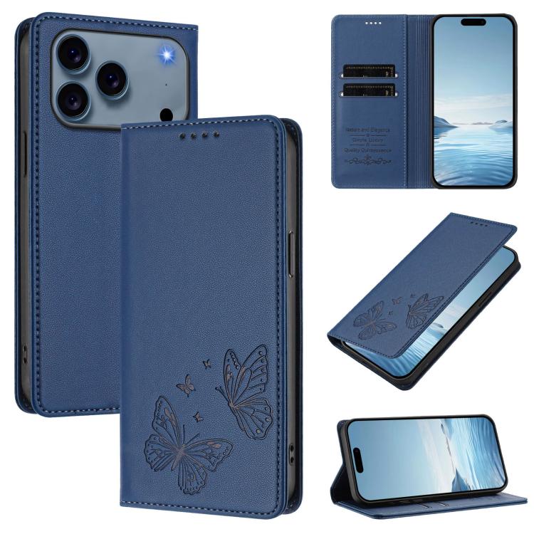 For iPhone 17 Pro Max Strong Magnetic Dual Butterfly RFID Vegan Leather Phone Case(Dark Blue)