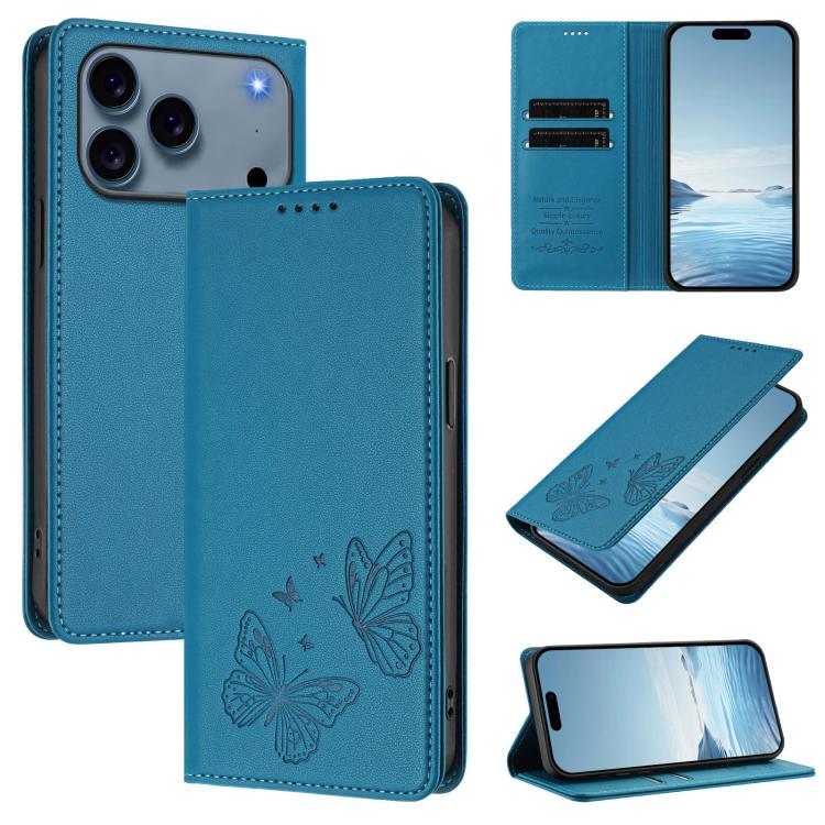 For iPhone 17 Pro Max Strong Magnetic Dual Butterfly RFID Vegan Leather Phone Case(Lake Blue)