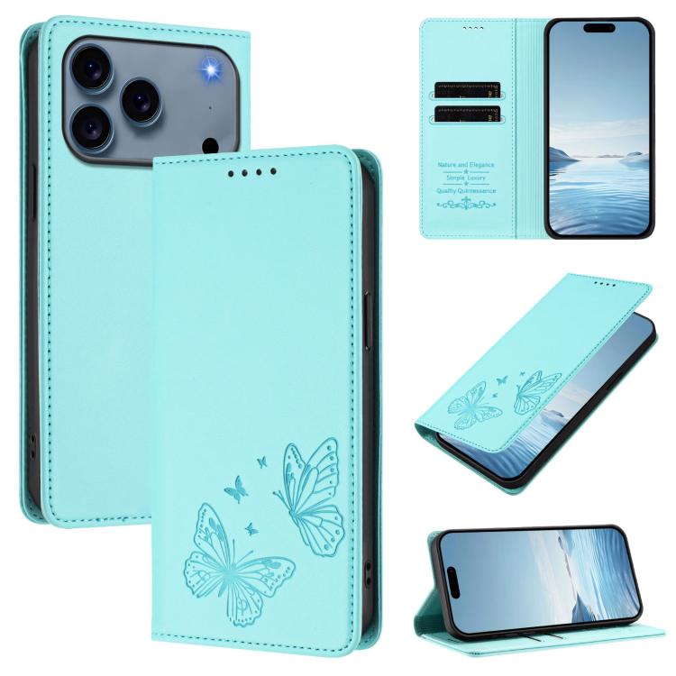 For iPhone 17 Pro Max Strong Magnetic Dual Butterfly RFID Vegan Leather Phone Case(Mint Green)
