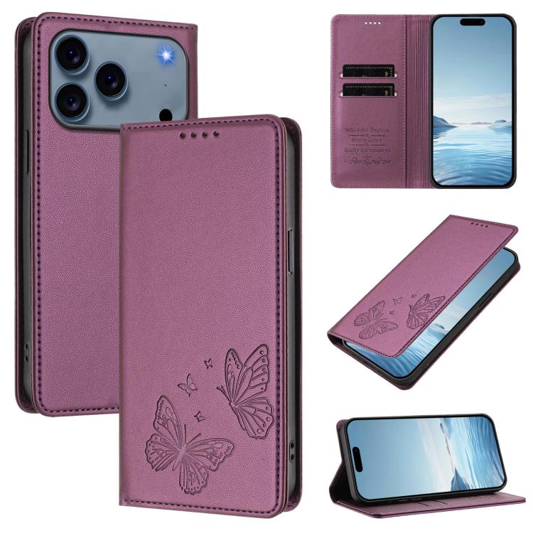 For iPhone 17 Pro Max Strong Magnetic Dual Butterfly RFID Vegan Leather Phone Case(Violet Purple)