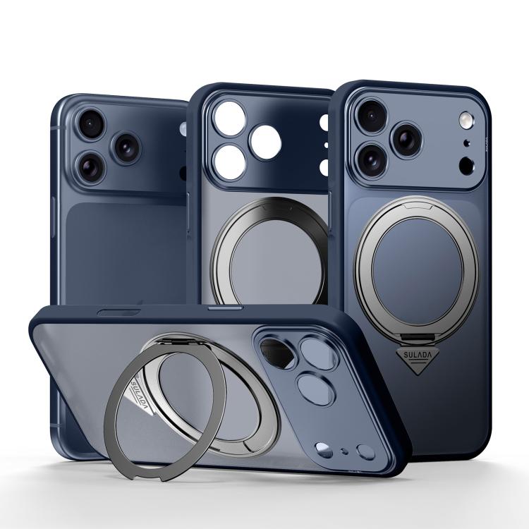 For iPhone 17 Pro Max SULADA Transforms Into 17 Pro Semi-Transparent Matte Rotation Magnetic Holder Phone Case(Blue)