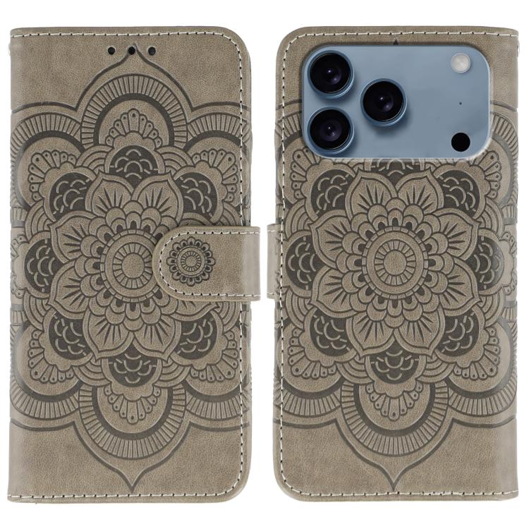 For iPhone 17 Pro Max Sun Mandala Embossing Leather Phone Case(Grey)