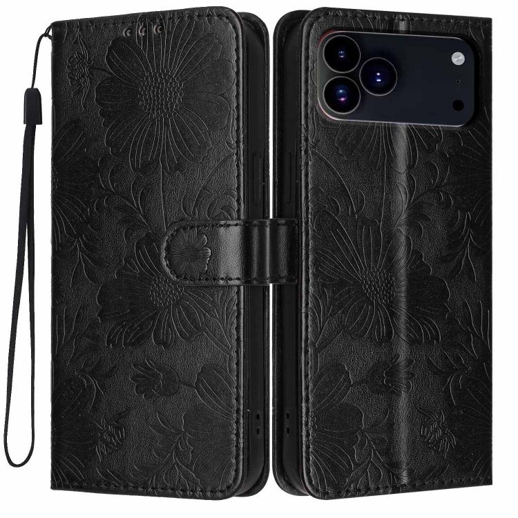 For iPhone 17 Pro Max Sunflower Embossed Vegan Leather Phone Case with Small Black Rope(Black)