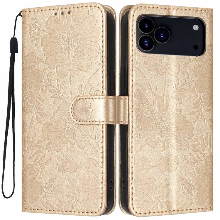 For iPhone 17 Pro Max Sunflower Embossed Vegan Leather Phone Case with Small Black Rope(Gold)