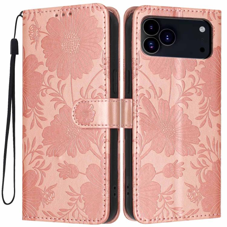 For iPhone 17 Pro Max Sunflower Embossed Vegan Leather Phone Case with Small Black Rope(Rose Gold)