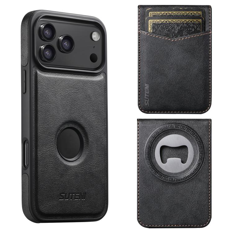 For iPhone 17 Pro Max Suteni G1S5 2-in-1 Magnetic Detachable Bottle Opener Card Bag Cow Leather Back Phone Case(Black)