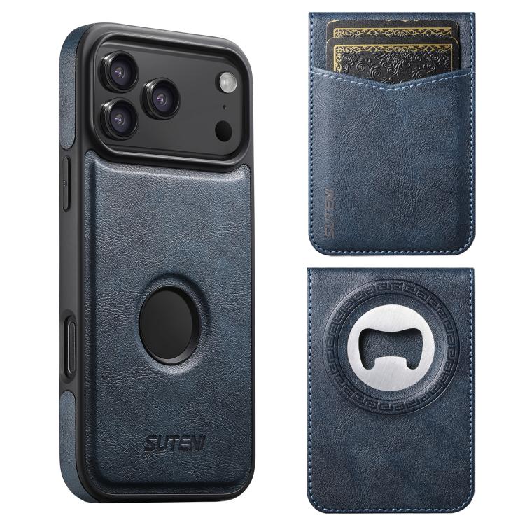 For iPhone 17 Pro Max Suteni G1S5 2-in-1 Magnetic Detachable Bottle Opener Card Bag Cow Leather Back Phone Case(Blue)