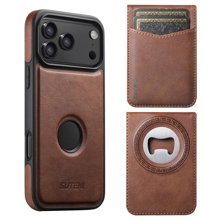 For iPhone 17 Pro Max Suteni G1S5 2-in-1 Magnetic Detachable Bottle Opener Card Bag Cow Leather Back Phone Case(Brown)