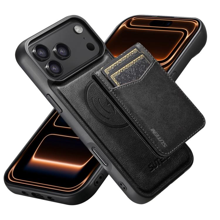 For iPhone 17 Pro Max Suteni G5S5 2-in-1 Magnetic Detachable Bottle Opener Card Bag Cow Leather Back Phone Case(Black)