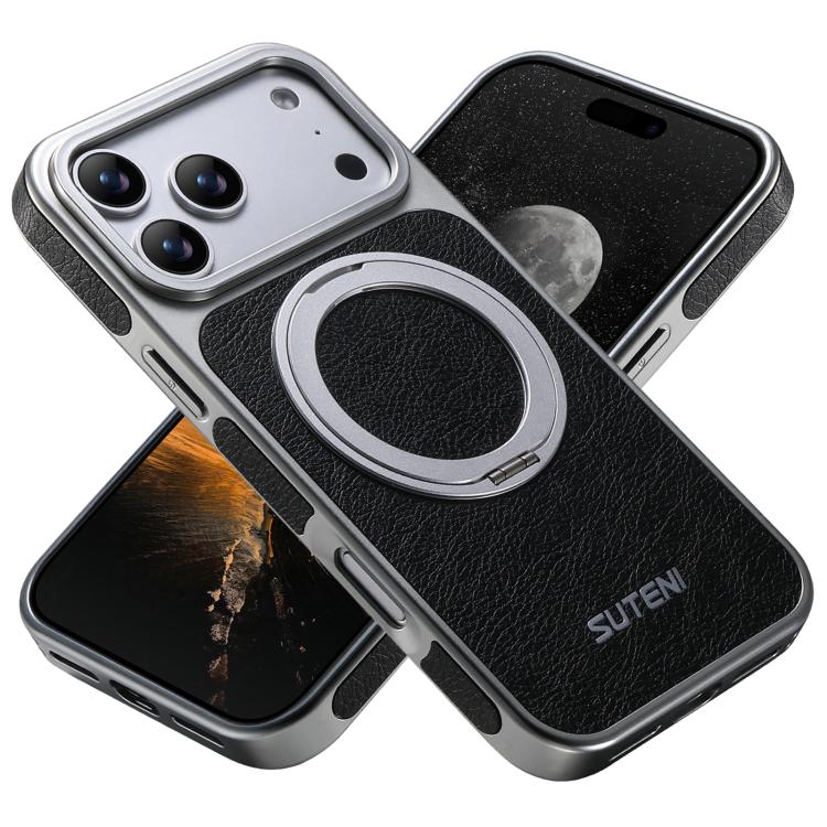 For iPhone 17 Pro Max Suteni G6 Crazy Horse Texture Electroplated 360 Rotation Holder Magnetic Phone Case(Black)