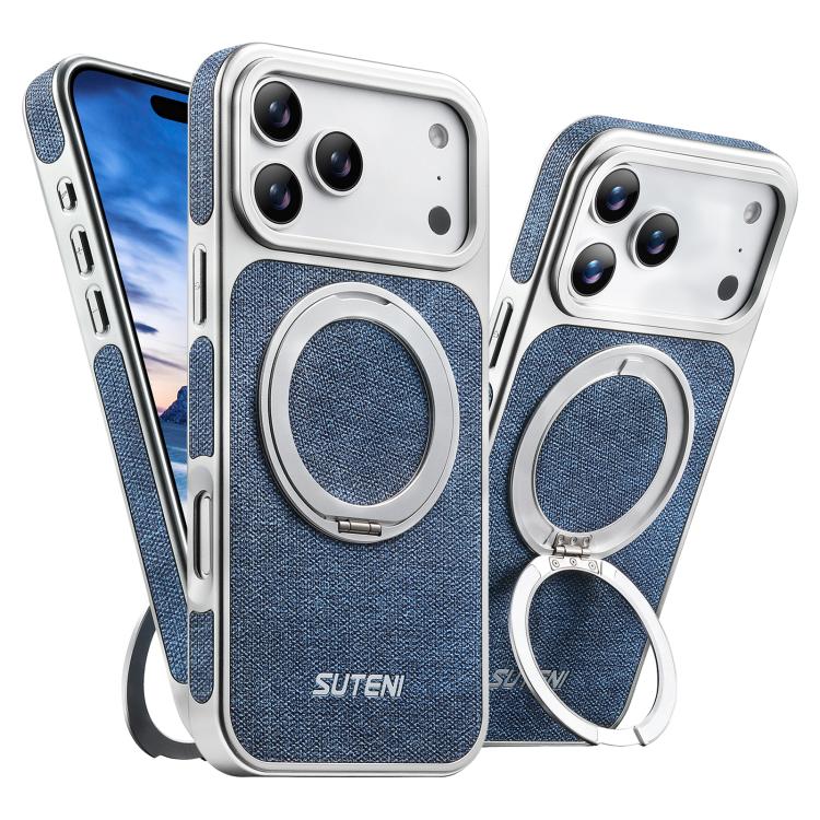 For iPhone 17 Pro Max Suteni G6 Denim Pattern Electroplated 360 Rotation Holder Magnetic Phone Case(Blue)