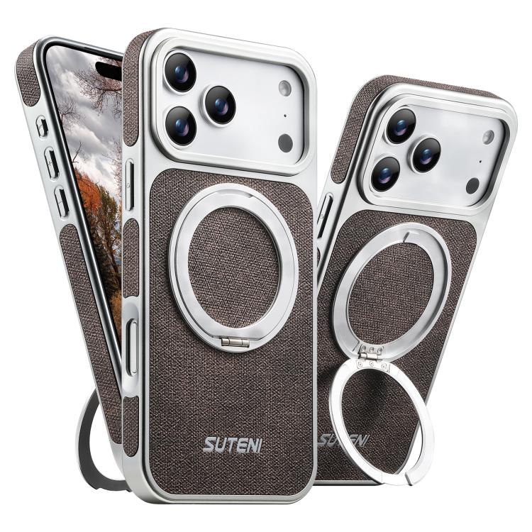 For iPhone 17 Pro Max Suteni G6 Denim Pattern Electroplated 360 Rotation Holder Magnetic Phone Case(Brown)