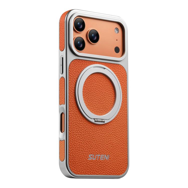 For iPhone 17 Pro Max Suteni G6 Large Litchi Texture Electroplated 360 Rotation Holder Magnetic Phone Case(Orange)