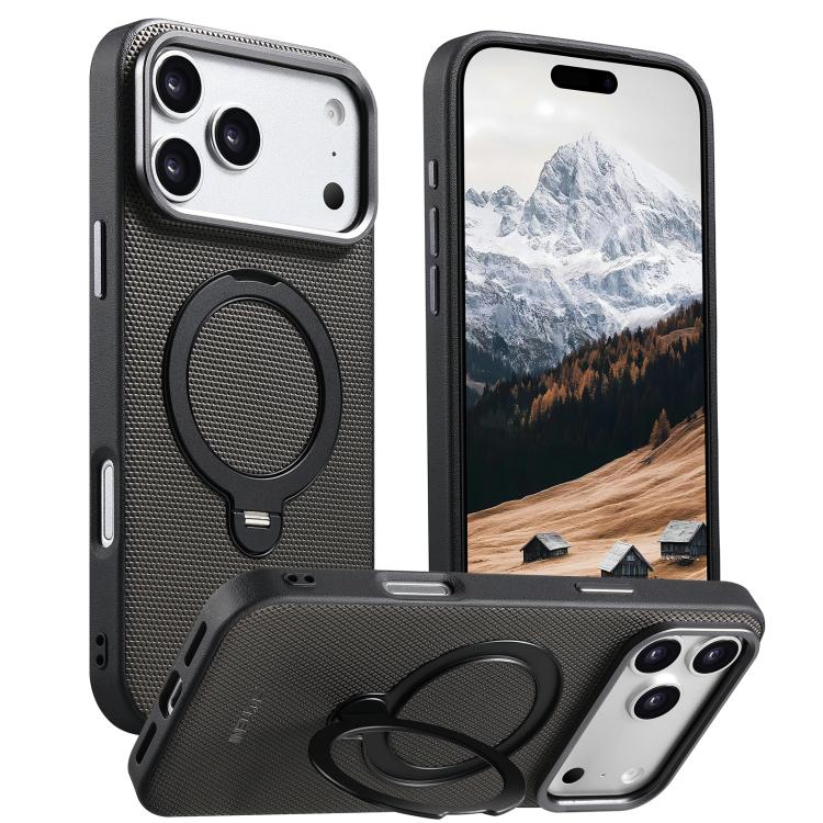 For iPhone 17 Pro Max Suteni G7 360 Rotation Magnetic Holder Triangle Texture Vegan Leather Back Phone Case(Grey)
