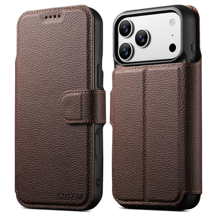 For iPhone 17 Pro Max Suteni Q05 -in-1 Multi-function MagSafe Wallet Big Litchi Leather Phone Case(Brown)