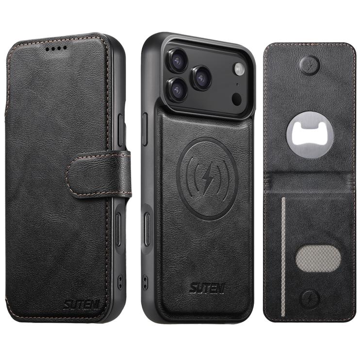 For iPhone 17 Pro Max Suteni Q05S5 3-in-1 Detachable Bottle Opener Card Bag Magnetic Cowhide Vegan Leather Phone Case(Black)