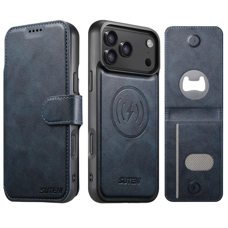 For iPhone 17 Pro Max Suteni Q05S5 3-in-1 Detachable Bottle Opener Card Bag Magnetic Cowhide Vegan Leather Phone Case(Blue)