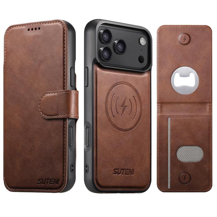 For iPhone 17 Pro Max Suteni Q05S5 3-in-1 Detachable Bottle Opener Card Bag Magnetic Cowhide Vegan Leather Phone Case(Brown)