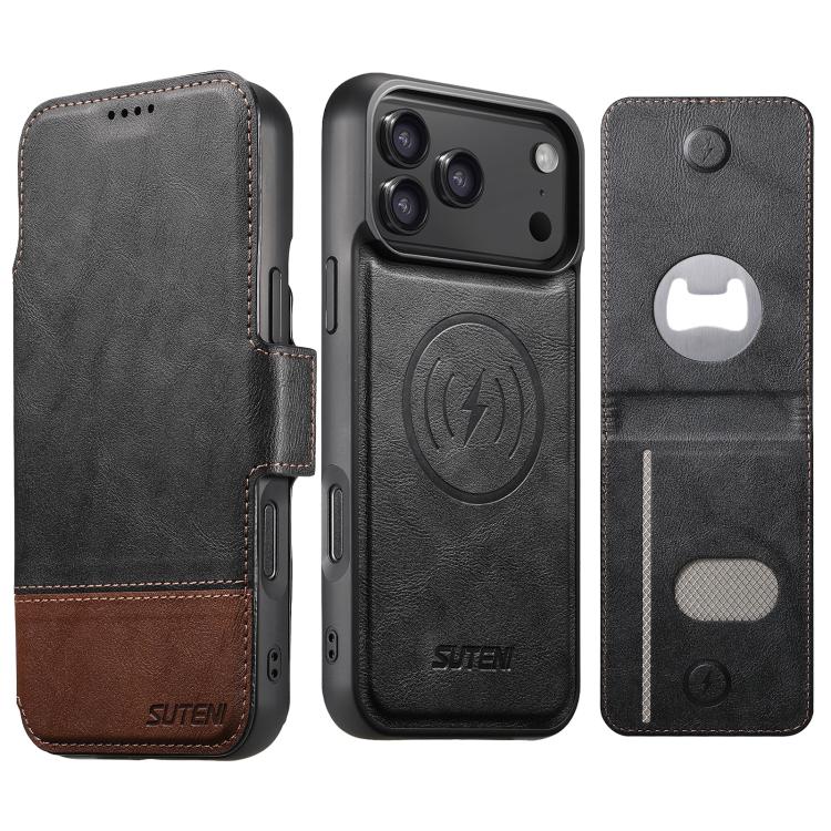 For iPhone 17 Pro Max Suteni Q06S5 3-in-1 Detachable Bottle Opener Card Bag Magnetic Top-Bottom Spliced Vegan Leather Phone Case(Black)