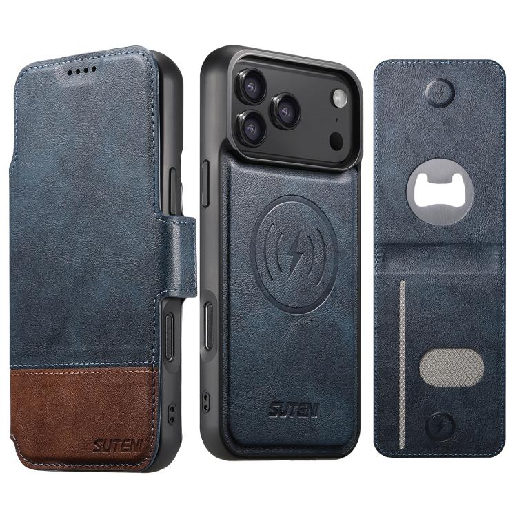 For iPhone 17 Pro Max Suteni Q06S5 3-in-1 Detachable Bottle Opener Card Bag Magnetic Top-Bottom Spliced Vegan Leather Phone Case(Blue)